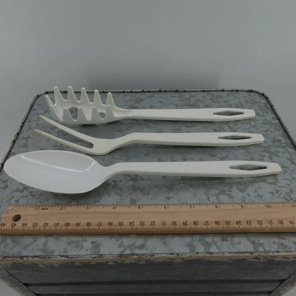 VTG White Melamine Kitchen Utensil Set Pasta Server Fork Spoon 3 Piece 11 Inch